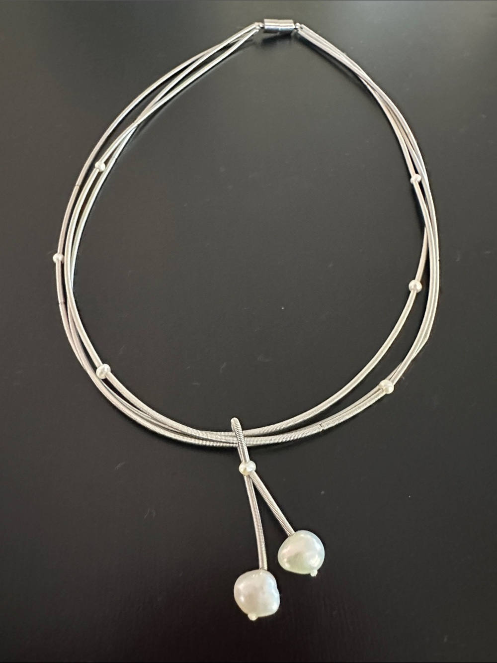 Silver Multi-Strand Necklace with White Pearl Drops